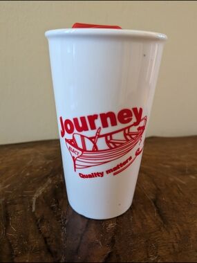 Vintage Journey Boat Mug Ceramic Travel Tumbler Red White Quality Matters Elect